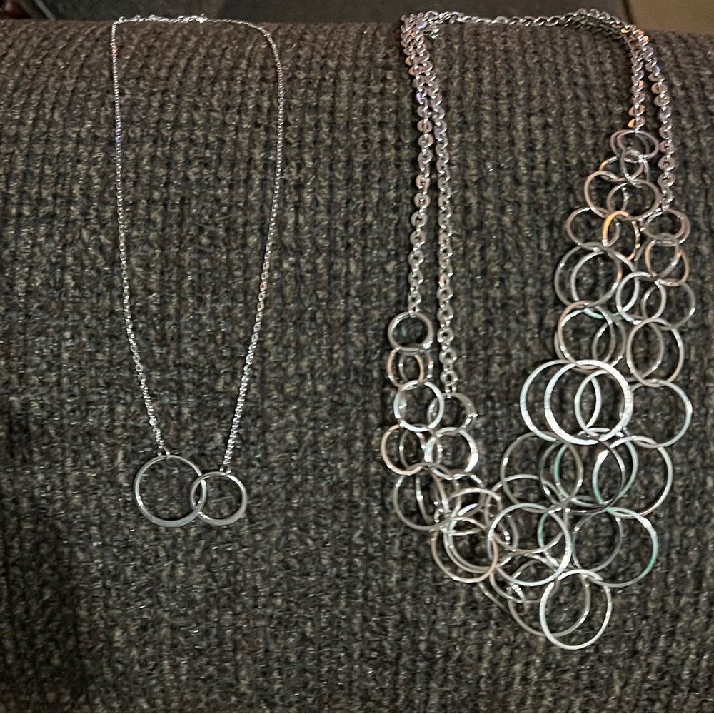 Silver Tone Circles Various Open Circle Layered Necklace & 2 Circles Necklace SS